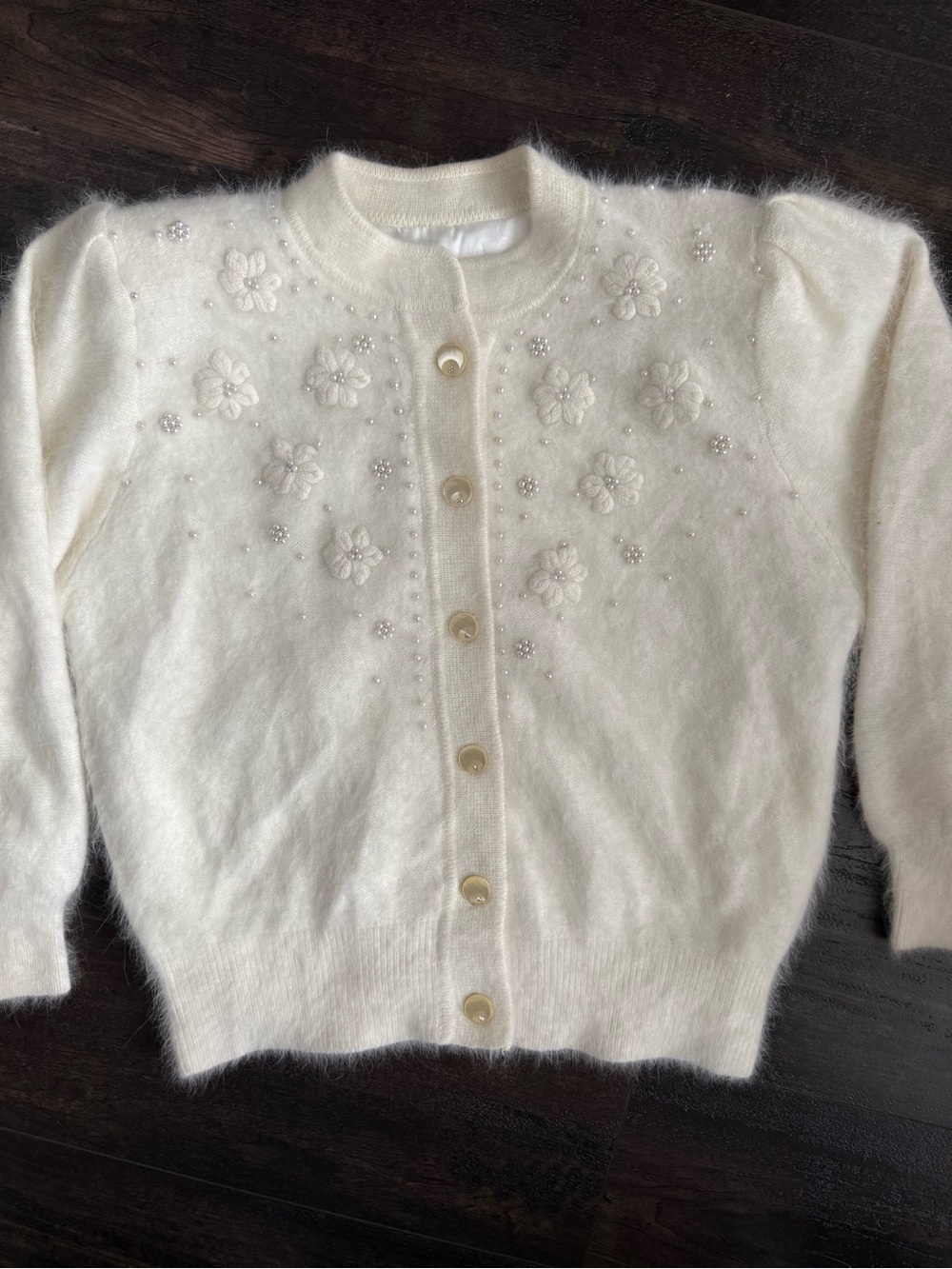 Vintage Ivory Angora Blend Cardigan Pearl Floral Embellished Sweater - Picture 3 of 10